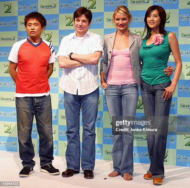 Japanese comedian Masatoshi Hamada, actor Mike Myers, actress Cameron Diaz and Japanese actress Norika Fujiwara pose for photographers at a photo...