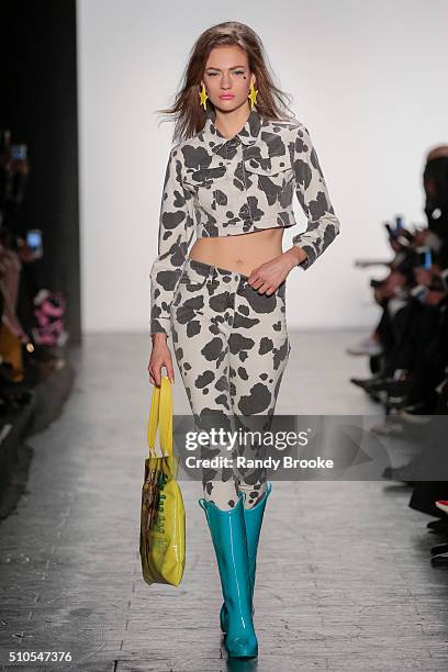 Model walks the runway during the Jeremy Scott fashion show at The Arc, Skylight at Moynihan Station on February 15, 2016 in New York City.