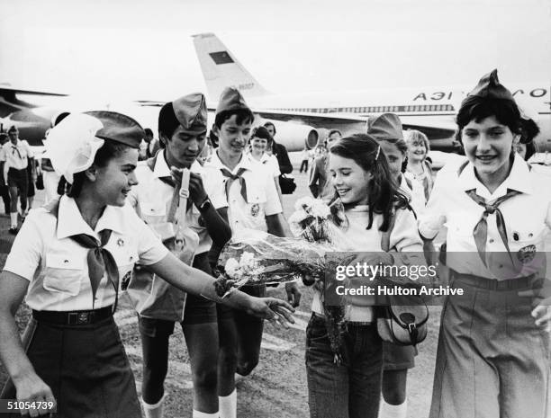 British schoolgirl Samantha Smith is greeted by Russian Young Pioneers at the airport, Crimean Peninsula, Russia, July 9, 1972. Smith had written a...