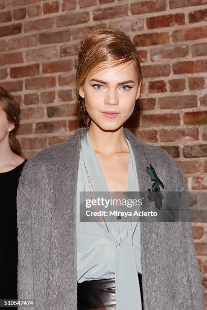 Model poses backstage at the Maiyet fashion show during Fall 2016 New York Fashion Week at Cedar Lake on February 15, 2016 in New York City.