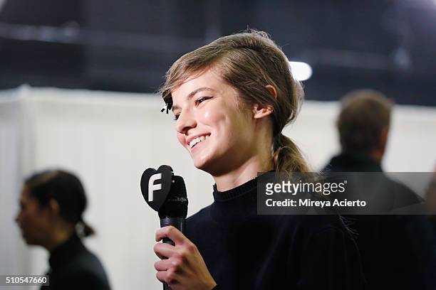 Model is interviewed backstage at the Maiyet backstage during Fall 2016 New York Fashion Week at Cedar Lake on February 15, 2016 in New York City.