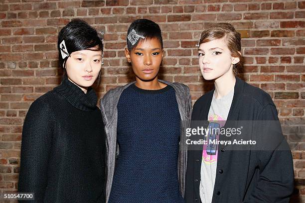 Models pose backstage at the Maiyet backstage during Fall 2016 New York Fashion Week at Cedar Lake on February 15, 2016 in New York City.