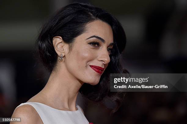 Lawyer Amal Clooney arrives at the premiere of Universal Pictures' 'Hail, Caesar!' at Regency Village Theatre on February 1, 2016 in Westwood,...