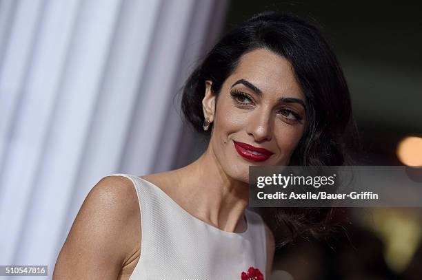 Lawyer Amal Clooney arrives at the premiere of Universal Pictures' 'Hail, Caesar!' at Regency Village Theatre on February 1, 2016 in Westwood,...