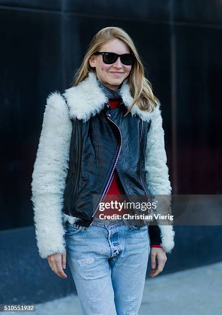 Jessica Minkoff is wearing a shearling leather jacket seen outside J Crew during New York Fashion Week: Women's Fall/Winter 2016 on February 14, 2016...