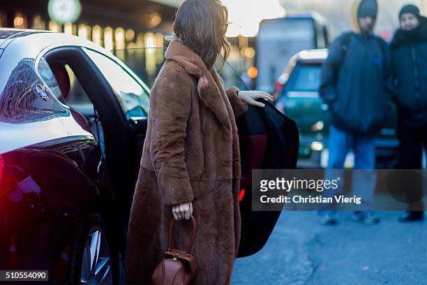 Miroslava Duma is wearing a brown fur coat seen outside Diane von Furstenberg during New York Fashion Week: Women's Fall/Winter 2016 on February 14,...