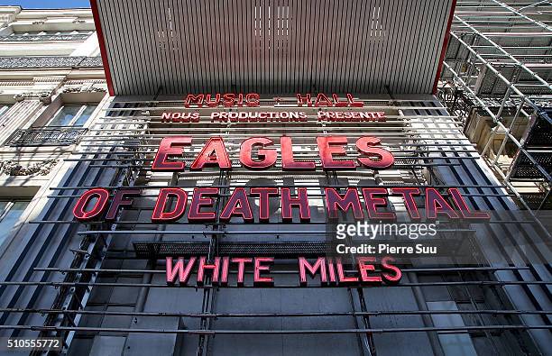 General view of signage outside the Olympia Concert Hall where the Eagles Of Death Meta will perform in concert three months after the Bataclan...