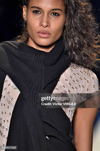 Model walks the runway at the Herve Leger By Max Azria Fall/Winter 2016 fashion show during New York Fashion Week on February 13, 2016 in New York...