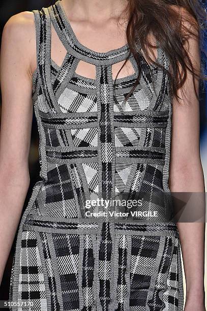 Model walks the runway at the Herve Leger By Max Azria Fall/Winter 2016 fashion show during New York Fashion Week on February 13, 2016 in New York...