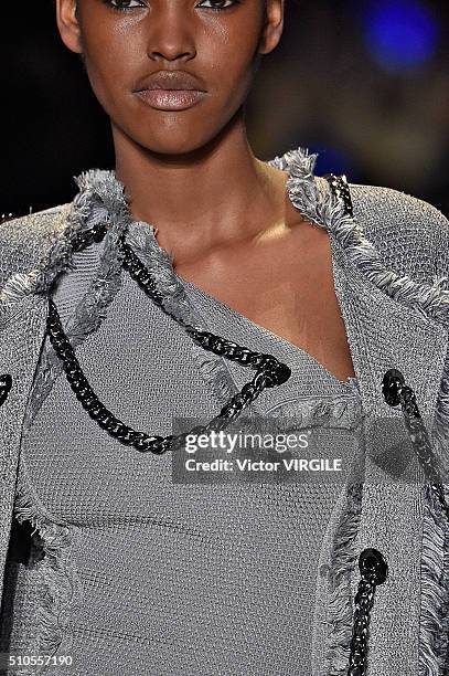 Model walks the runway at the Herve Leger By Max Azria Fall/Winter 2016 fashion show during New York Fashion Week on February 13, 2016 in New York...