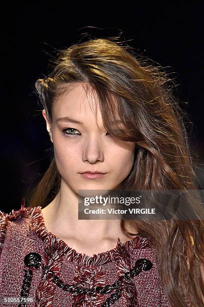 Model walks the runway at the Herve Leger By Max Azria Fall/Winter 2016 fashion show during New York Fashion Week on February 13, 2016 in New York...