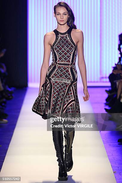 Model walks the runway at the Herve Leger By Max Azria Fall/Winter 2016 fashion show during New York Fashion Week on February 13, 2016 in New York...