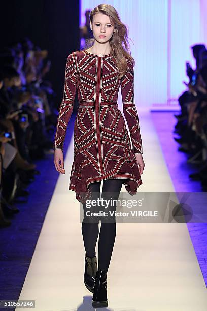 Model walks the runway at the Herve Leger By Max Azria Fall/Winter 2016 fashion show during New York Fashion Week on February 13, 2016 in New York...