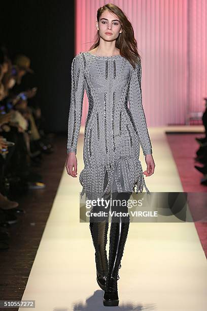 Model walks the runway at the Herve Leger By Max Azria Fall/Winter 2016 fashion show during New York Fashion Week on February 13, 2016 in New York...