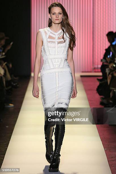 Model walks the runway at the Herve Leger By Max Azria Fall/Winter 2016 fashion show during New York Fashion Week on February 13, 2016 in New York...