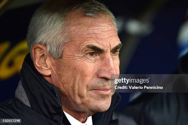 Atalanta BC head coach Edoardo Reja looks on during the Serie A match between UC Sampdoria and Atalanta BC at Stadio Luigi Ferraris on February 14,...