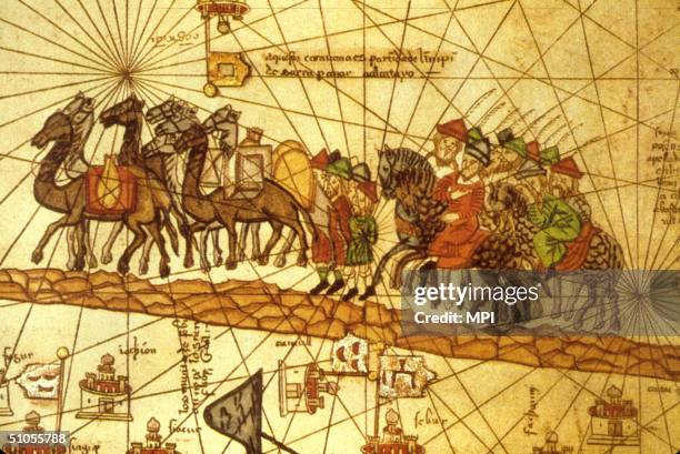 Illustrated map depicting the journey of the Venetian merchant Marco Polo along the silk road to China.