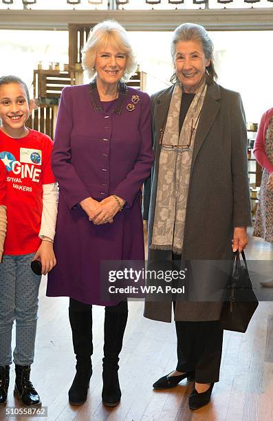 Camilla, Duchess of Cornwall poses with Roald Dahl's widow Felicity during a preview of the new 'Wondercrump World of Roald Dahl' exhibition which...