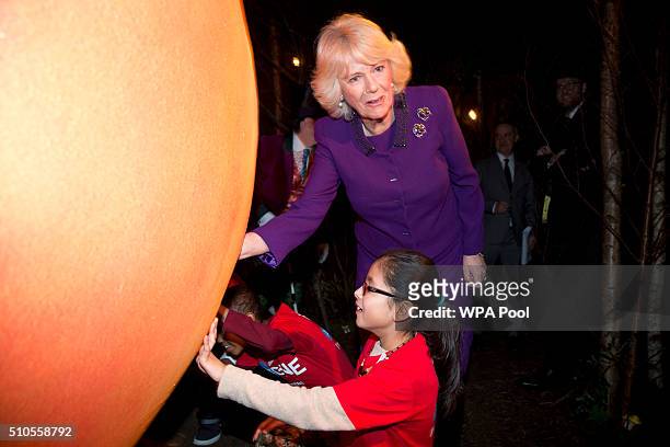 Camilla, Duchess of Cornwall speaks to children attending the 'Imagine' festival during a preview of the new 'Wondercrump World of Roald Dahl'...