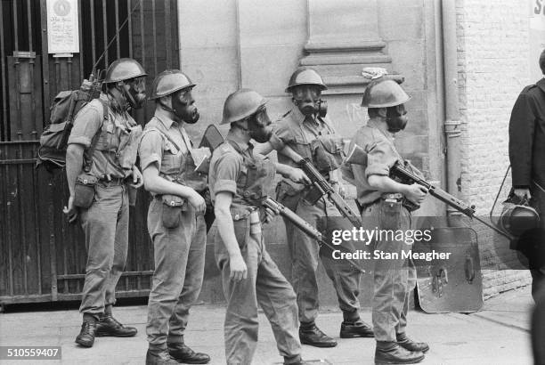 British Army Soldiers in riot gear during civil unrest in Northern Ireland, 1969.