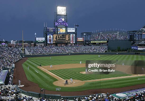 General view of the game between the Milwaukee Brewers and the Colorado Rockies at Coors Field on June 29, 2004 in Denver, Colorado. The Brewers...