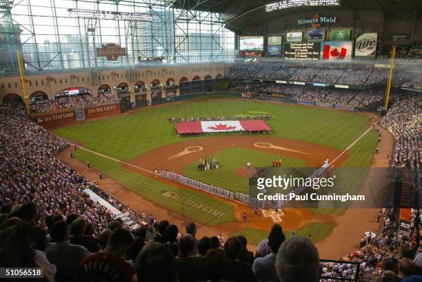 General view of pre-game ceremonies before the Major League Baseball All-Star Game at Minute Maid Park on July 13, 2004 in Houston, Texas.