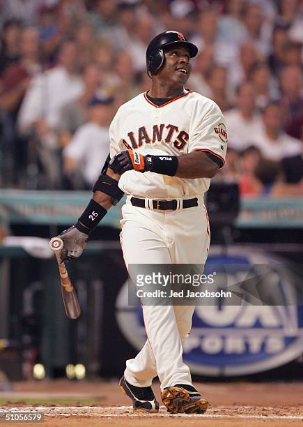 Barry Bonds of the National Team pops out to centerfield during the first inning of the Major League Baseball 75th All-Star Game at Minute Maid Park...