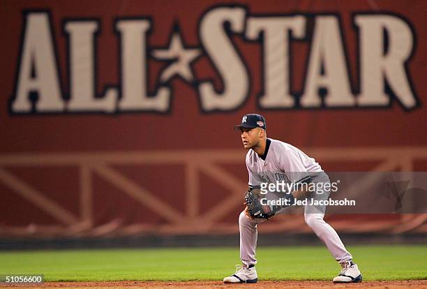 Derek Jeter of the American Team fields his position during the Major League Baseball 75th All-Star Game at Minute Maid Park on July 13, 2004 in...