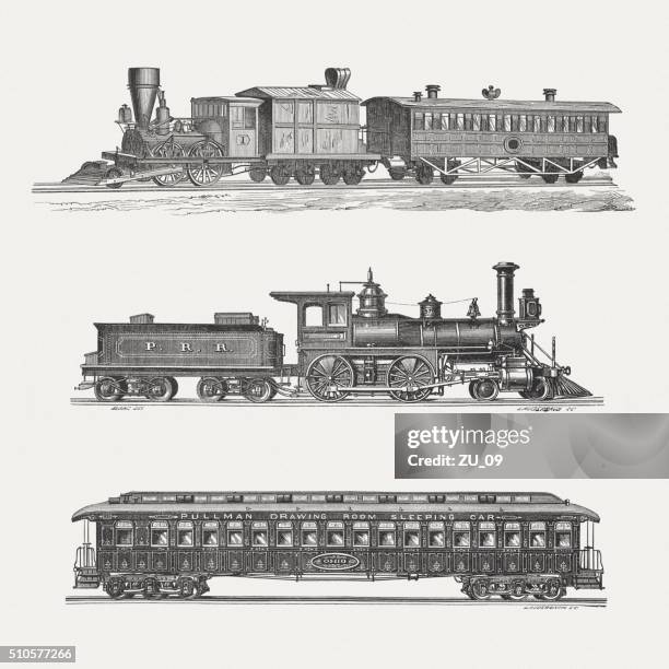 american steam trains, wood engravings, published in 1880 - steam train platform stock illustrations