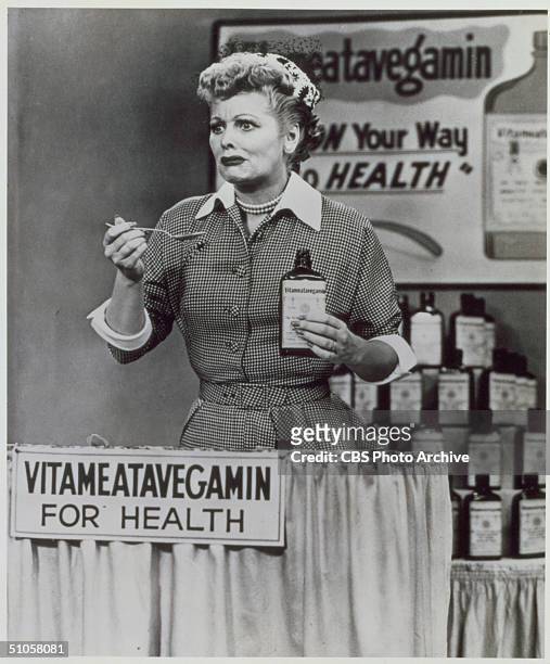 Still from the 1950s CBS television sitcom 'I Love Lucy,' episode 30, 'Lucy Does a Television Commercial' features American actress Lucille Ball as...