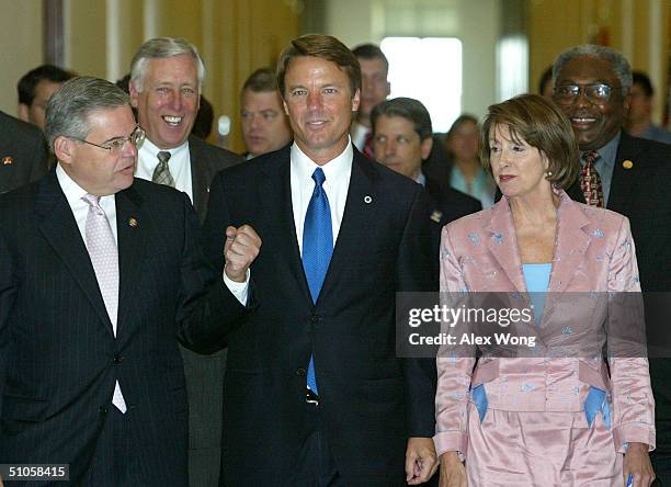 Democratic Vice Presidential Candidate, U.S. Senator John Edwards walks with Rep. Bob Menendez , House Minority Whip Rep. Steny Hoyer , House...