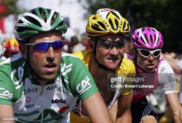 Christophe Moreau of France riding for the Credit Agricole team, Thomas Voeckler of France riding for the Brioches la Boulangere team and Jan Ullrich...