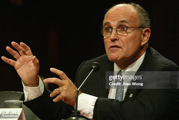 Former New York Mayor Rudy Giuliani testifies during a hearing before the Senate Judiciary Committee July 14, 2004 on Capitol Hill in Washington, DC....