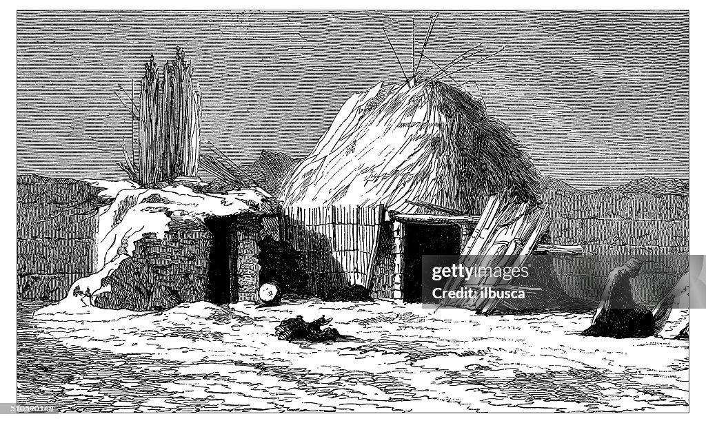 Antique illustration of Kyrgyz house on the road to Tashkent