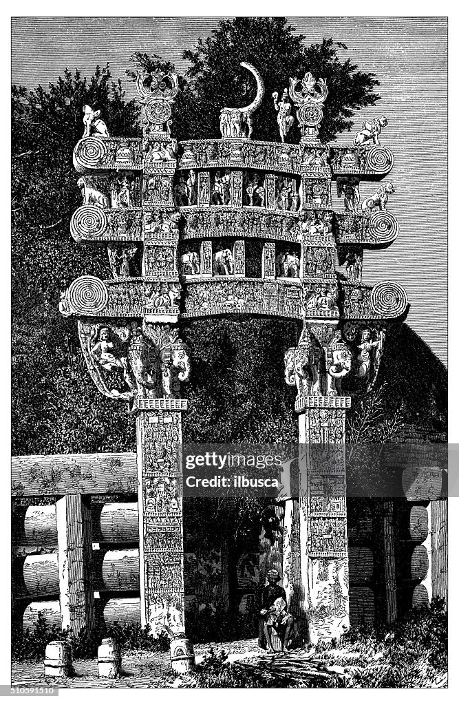 Antique illustration of North Gate to the Stupa of Sanchi