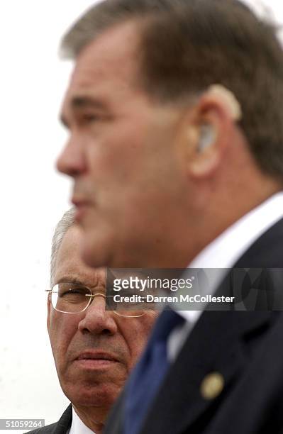 Secretary of Homeland Security Tom Ridge speaks to reporters July 14, 2004 across the harbor from the Fleet Center at the Charlestown Navy Yard in...