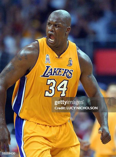 This 07 June 2002 file photo shows Shaquille O'Neal of the Los Angeles Lakers yelling after a score against the New Jersey Nets in the 3rd quarter of...