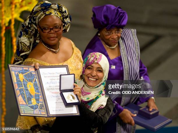 The 2011 Nobel Peace Prize laureates, Liberian President Ellen Johnson Sirleaf , Liberian peace activist Leymah Gbowee and Yemeni activist Tawakkol...