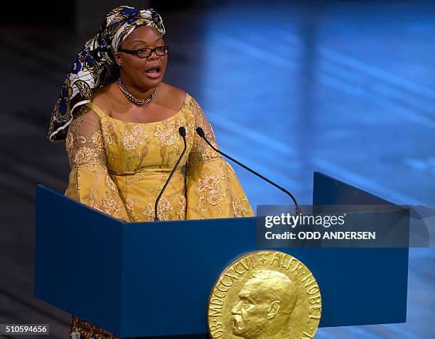 Nobel Peace Prize laureate, Liberian activist Leymah Gbowee, delivers her lecture on December 10, 2011 during the Nobel Peace Prize award ceremony at...