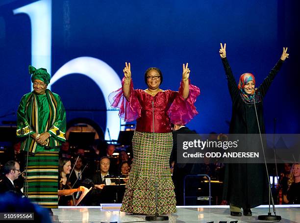 Nobel Peace Prize laureates, Liberian President Ellen Johnson Sirleaf, her compatriot Leymah Gbowee and Yemini "Arab Spring" activist Tawakkol Karman...