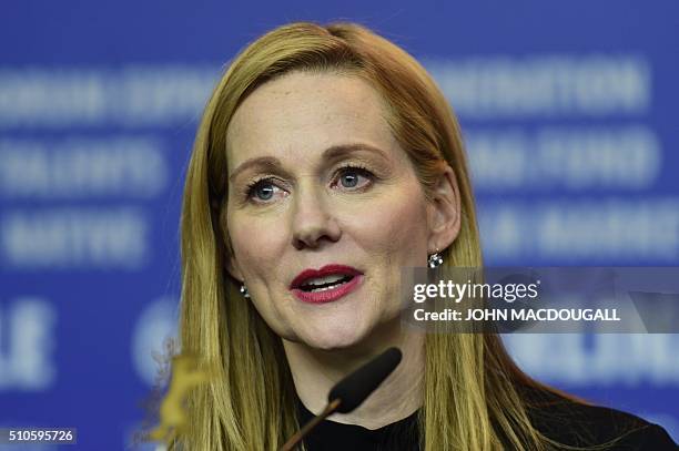 Actress Laura Linney attends a press conference for the film "Genius" screened in competition of the 66th Berlinale Film Festival in Berlin on...