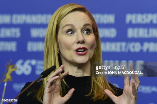 Actress Laura Linney attends a press conference for the film "Genius" screened in competition of the 66th Berlinale Film Festival in Berlin on...