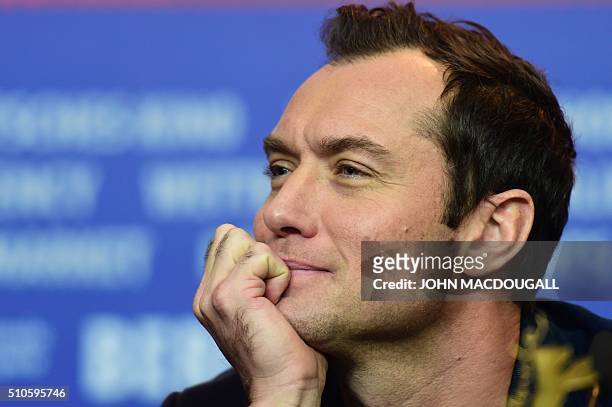 British actor Jude Law attends a press conference for the film "Genius" screened in competition of the 66th Berlinale Film Festival in Berlin on...