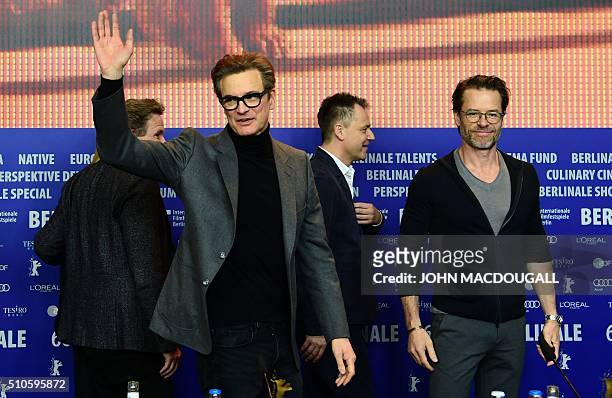 British actor Colin Firth and British-Australian actor Guy Pearce leave after a press conference for the film " Genius " by Michael Grandage screened...