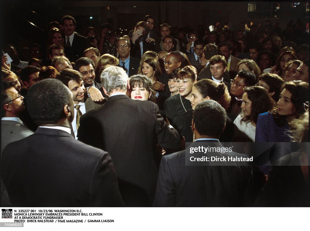 Monica Lewinsky Embraces President Bill Clinton At A Democrati