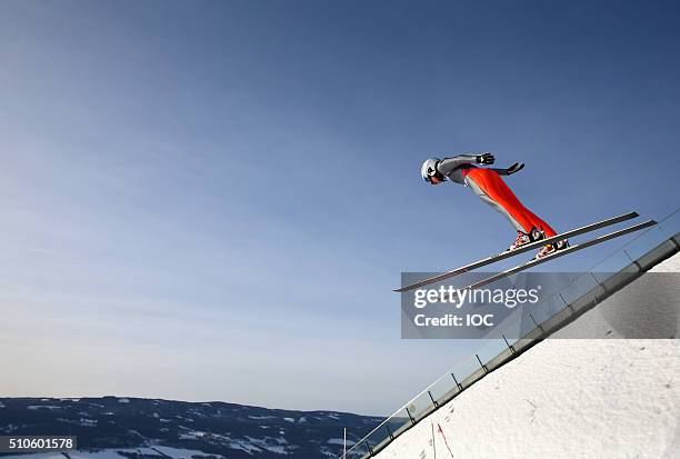 In this handout image supplied by the IOC, gold medal winner Ema Klinec of Slovenia competes in the Ski Jumping Ladies' Individual Competition at...