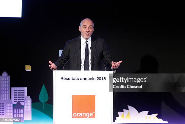 French telecom operator Orange CEO Stephane Richard presents the group's 2015 results on February 16, 2016 in Paris, France. Orange group has...