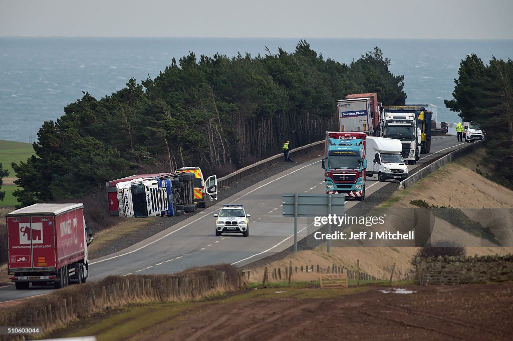 High Winds Cause Traffic Disruption On Scotland's A1