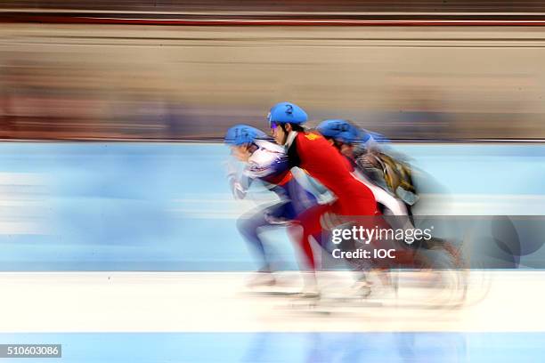 In this handout image supplied by the IOC, Ma Wei of China compete during the Men's Short Track 500m semifinals at the Gjovik Olympic Cavern Hall on...