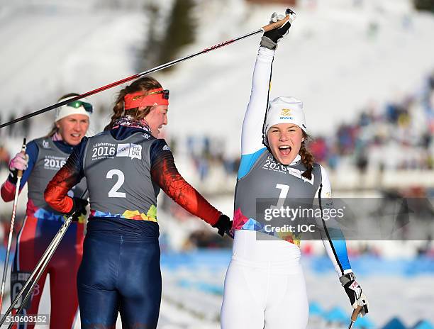 In this handout image supplied by the IOC, Johanna Hagstroem of Sweden wins the Gold Medal in the Cross-Country Skiing Ladies' Sprint Classic at...
